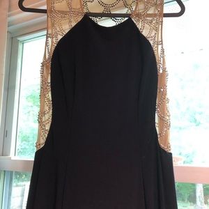 Xscape-Navy Blue/Nude mesh evening gown